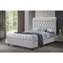 7668-EKING LIGHT GRAY Velvet Rolled Top Tufted Platform Bed - EASTERN KING