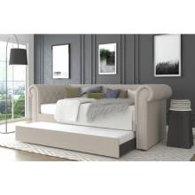 7609 BEIGE Fabric Rolled Arm Daybed w/ Trundle - TWIN-TWIN