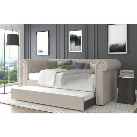 7609 BEIGE Fabric Rolled Arm Daybed w/ Trundle - TWIN-TWIN