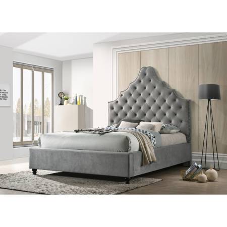 7576-CKING GRAY Velvet Tufted Platform Bed - CALIFORNIA KING