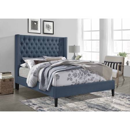 7535-CKING BLUE Wing Back Fabric Platform Bed - CALIFORNIA KING