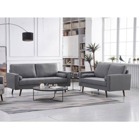 8113-2PC 2PC LIGHT GRAY Linen Stationary Tufted Seat Living Room Set w/ Cylinder Throw Pillows