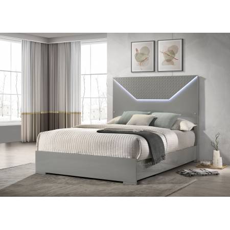 224971Q Ives Queen Panel Bed LED Headboard Grey High Gloss