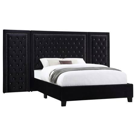 315925Q-SP Hailey Upholstered Platform Queen Bed With Wall Panel Black