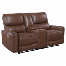 610265P Greenfield Upholstered Power Reclining Loveseat With Console Saddle Brown