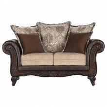 508572 Elmbrook Upholstered Rolled Arm Loveseat with Intricate Wood Carvings Brown