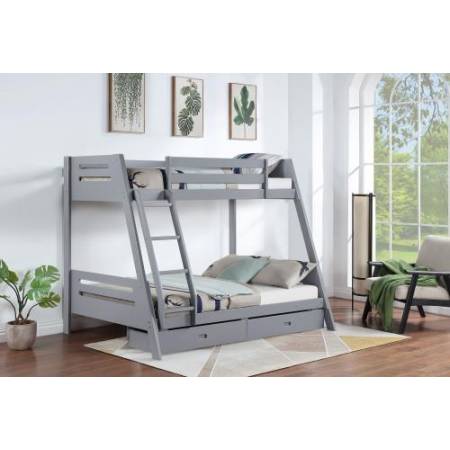 460562TF Trisha Wood Twin Over Full Bunk Bed With Storage Drawers Grey