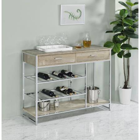 182275 Melrose 2-Shelf Wine Cabinet With 2 Drawers Gray Washed Oak And Chrome