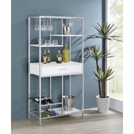 182034 Figueroa 5-Shelf Wine Cabinet With Storage Drawer White High Gloss And Chrome