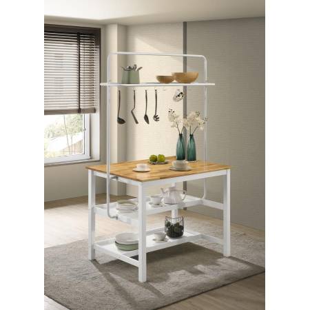 122246 Hollis Kitchen Island Counter Height Table With Pot Rack Brown And White