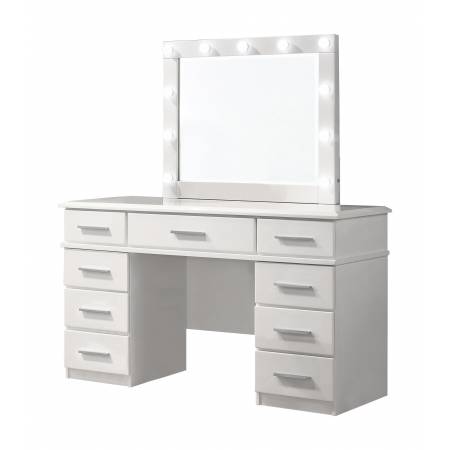 203507 Felicity 9-Drawer Vanity Desk With Lighted Mirror Glossy White