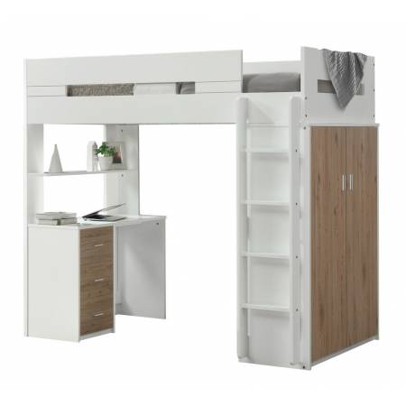 38055 Nerice White/Oak Wood Twin Loft Bed with Desk & Wardrobe