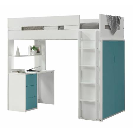 38045 Nerice White/Teal Wood Twin Loft Bed with Desk & Wardrobe