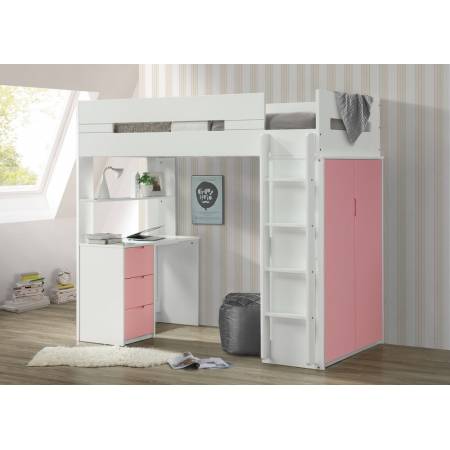 38040 Nerice White/Pink Wood Twin Loft Bed with Desk & Wardrobe