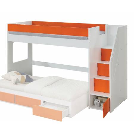 37460 Lawson White & Orange Wood Twin Loft Bed with Storage Ladder