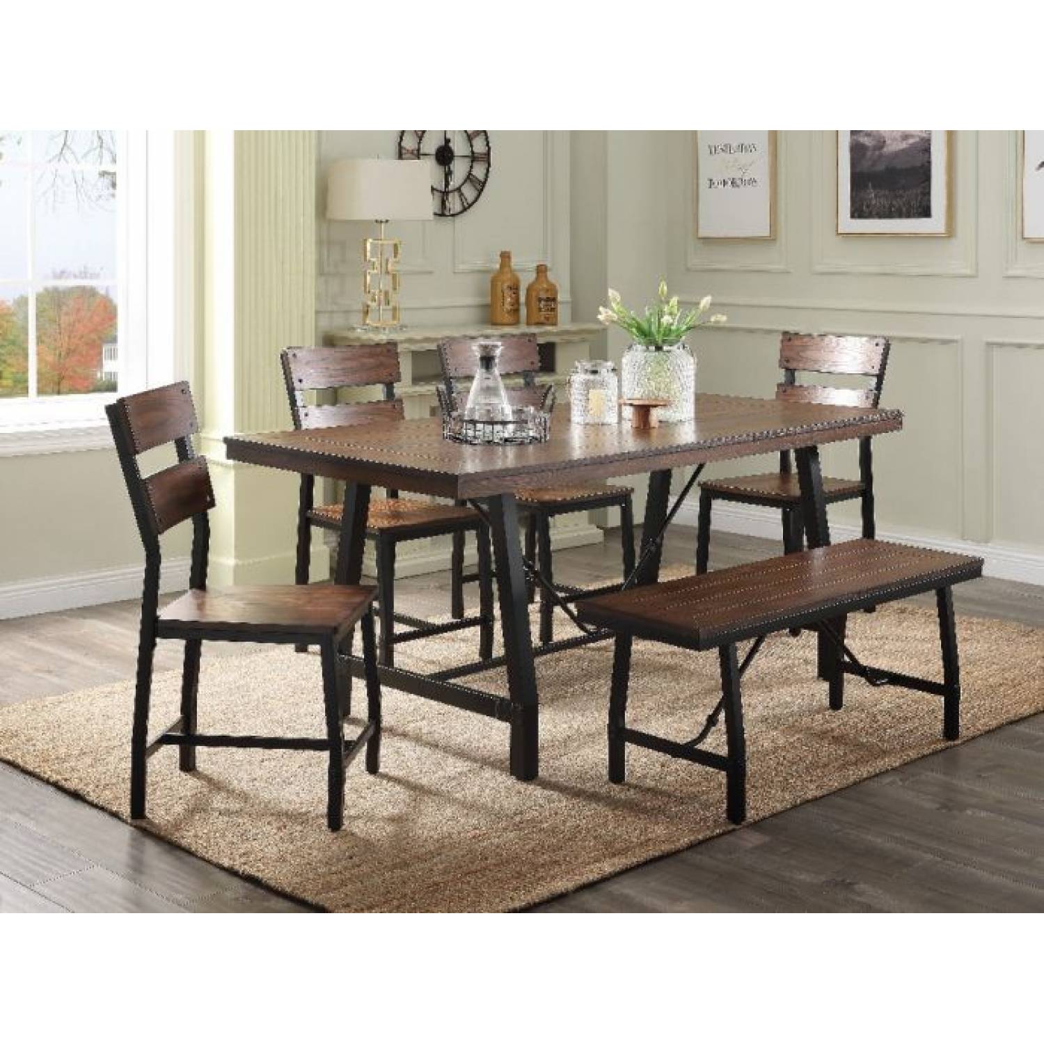 Farmhouse table with discount metal chairs and bench