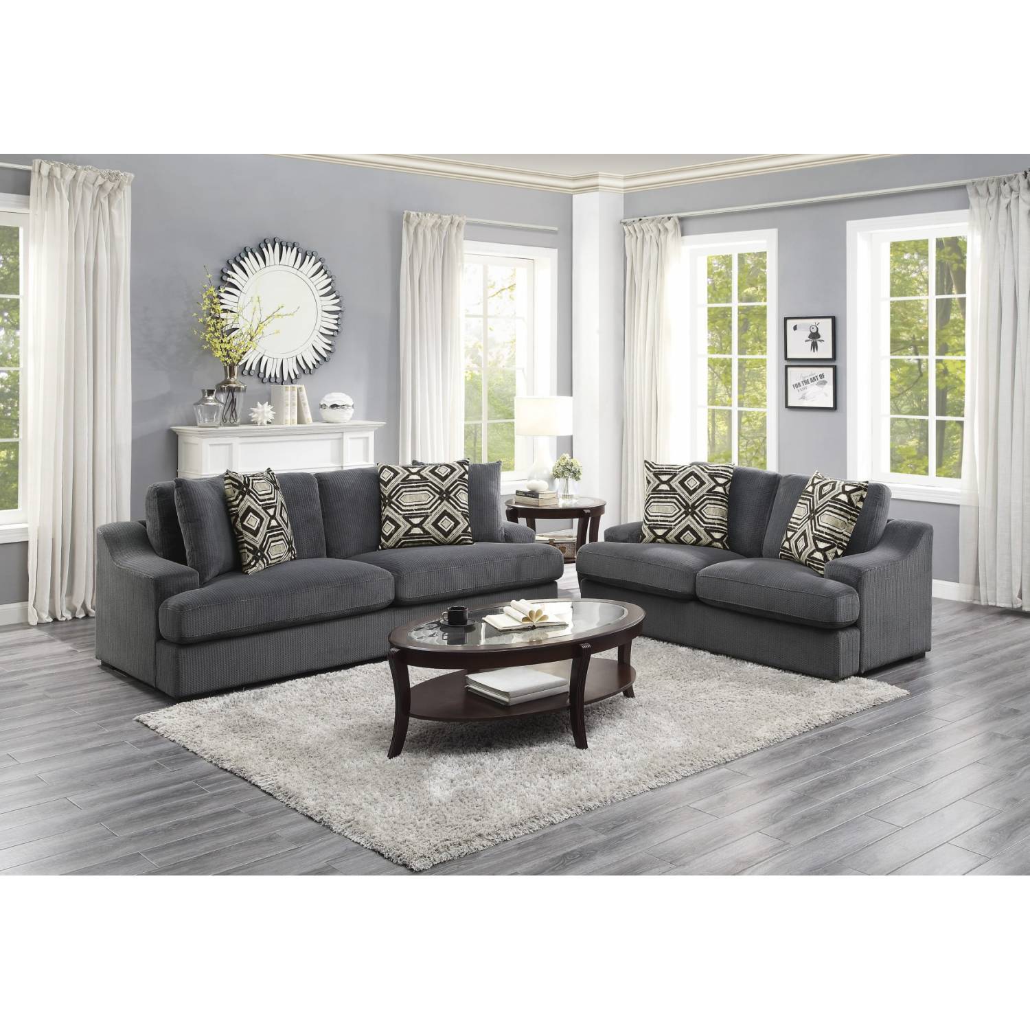 2 Piece Sectional Sofa Set with 3-Seater Sofa, Loveseat & 4 Pillows - Grey