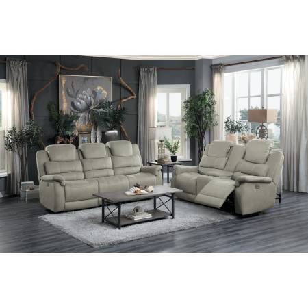 9848GY-2+3 Double Reclining Sofa and Love Seat with Drop-Down Cup Holders and Receptacles Shola