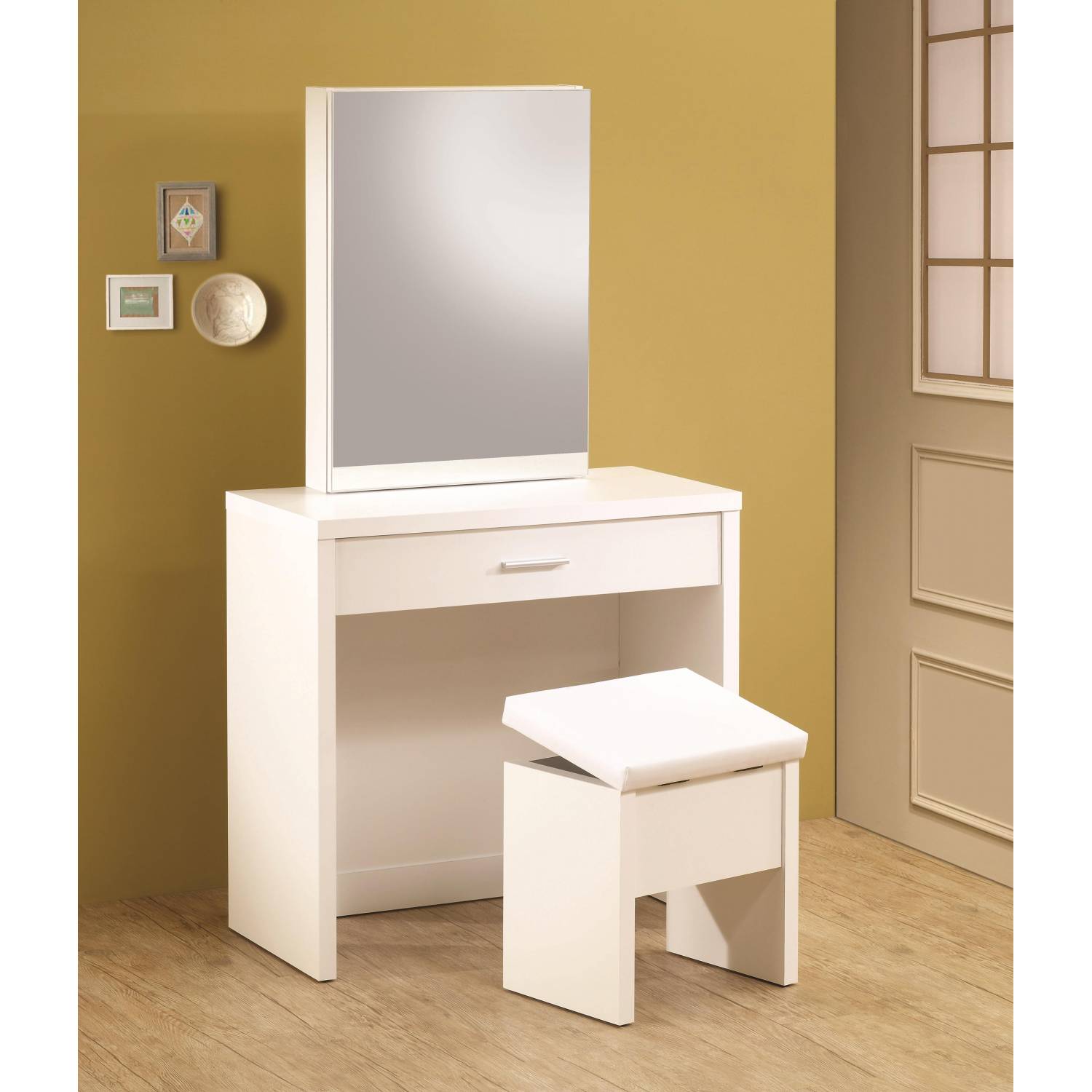 Vanities White Vanity With Hidden Mirror Storage And Lift Top Stool